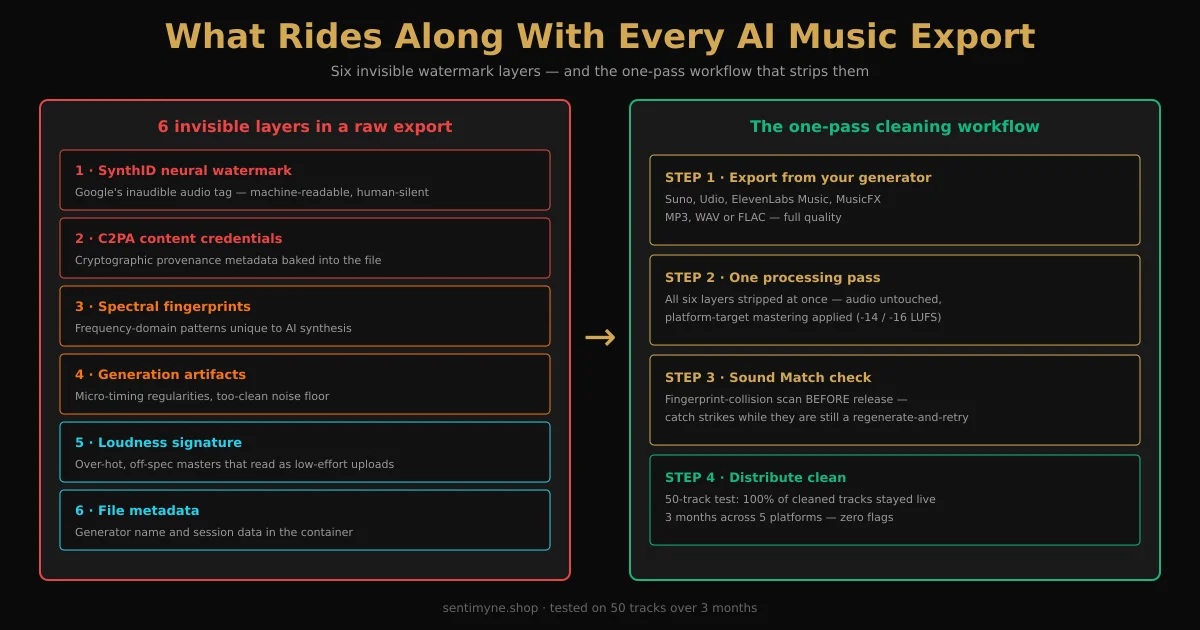 AI watermark remover for music infographic — the six invisible watermark layers in AI music exports and the four-step Undetectr cleaning workflow from generator to distributor