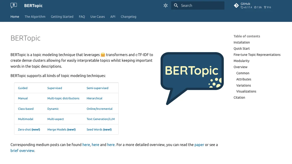 BERTopic documentation homepage listing supported topic modeling variants including Class-based, Multi-aspect, Zero-shot and Text Generation/LLM