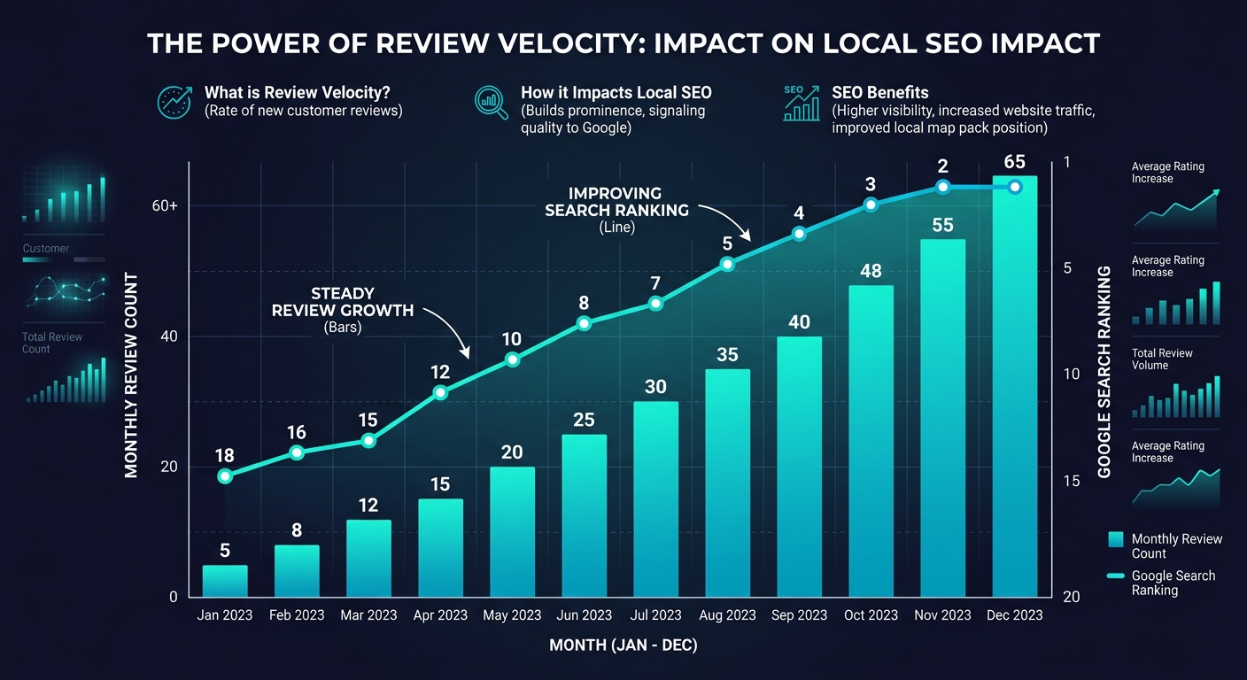 Review velocity chart showing correlation between review acquisition rate and local search ranking position