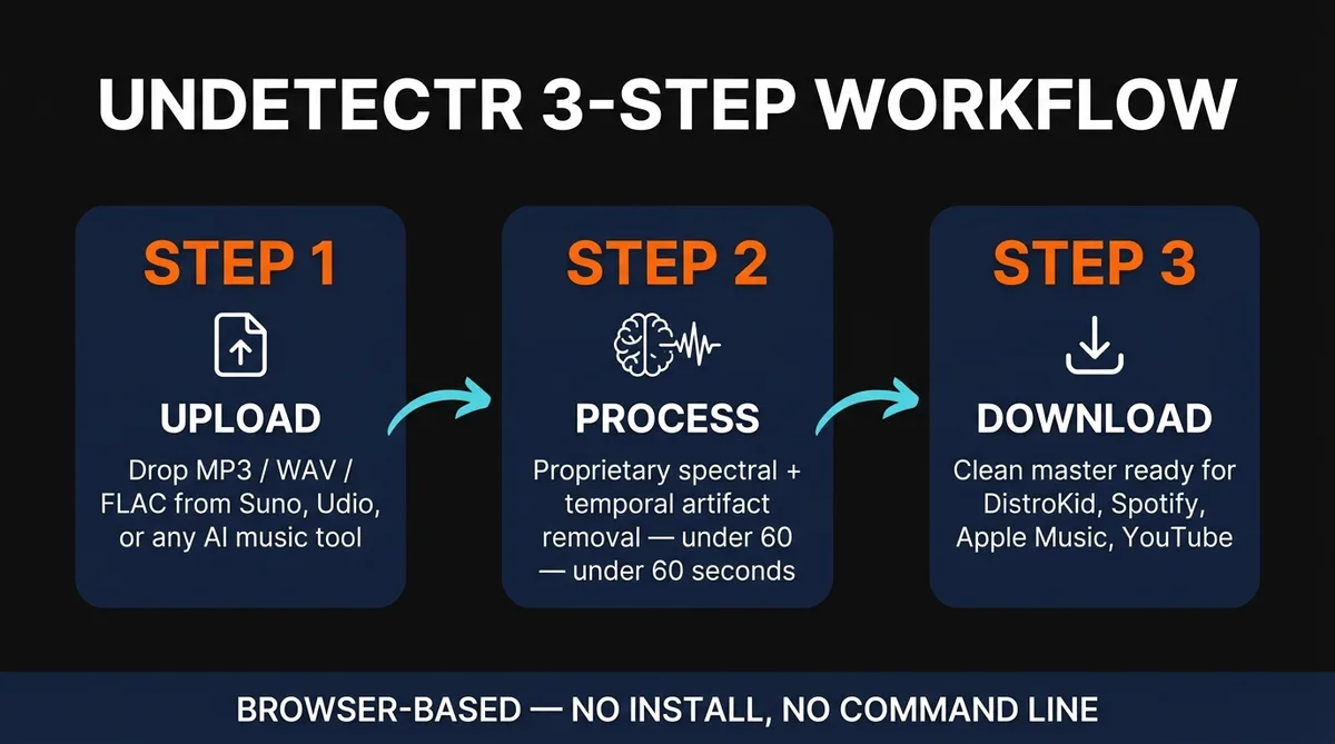 Undetectr 3-step workflow showing upload, process, download pipeline with browser-based label