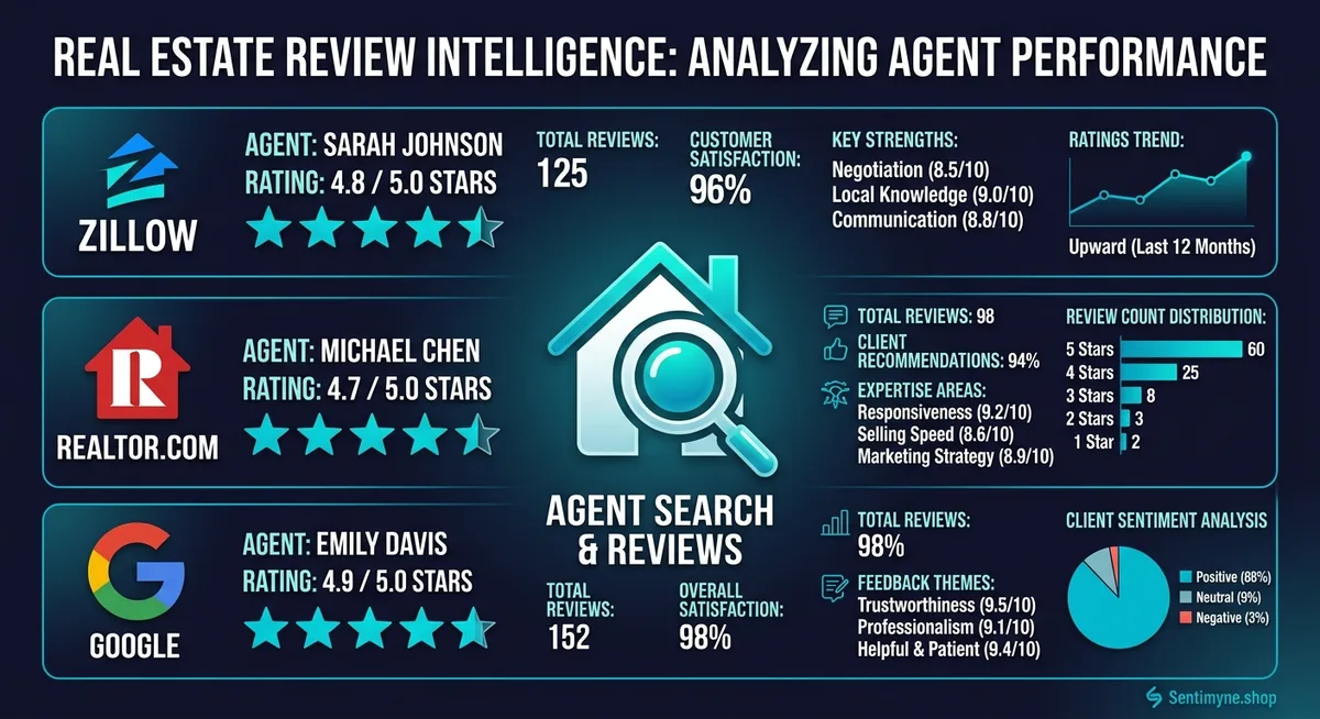 Zillow agent review analysis dashboard showing theme patterns